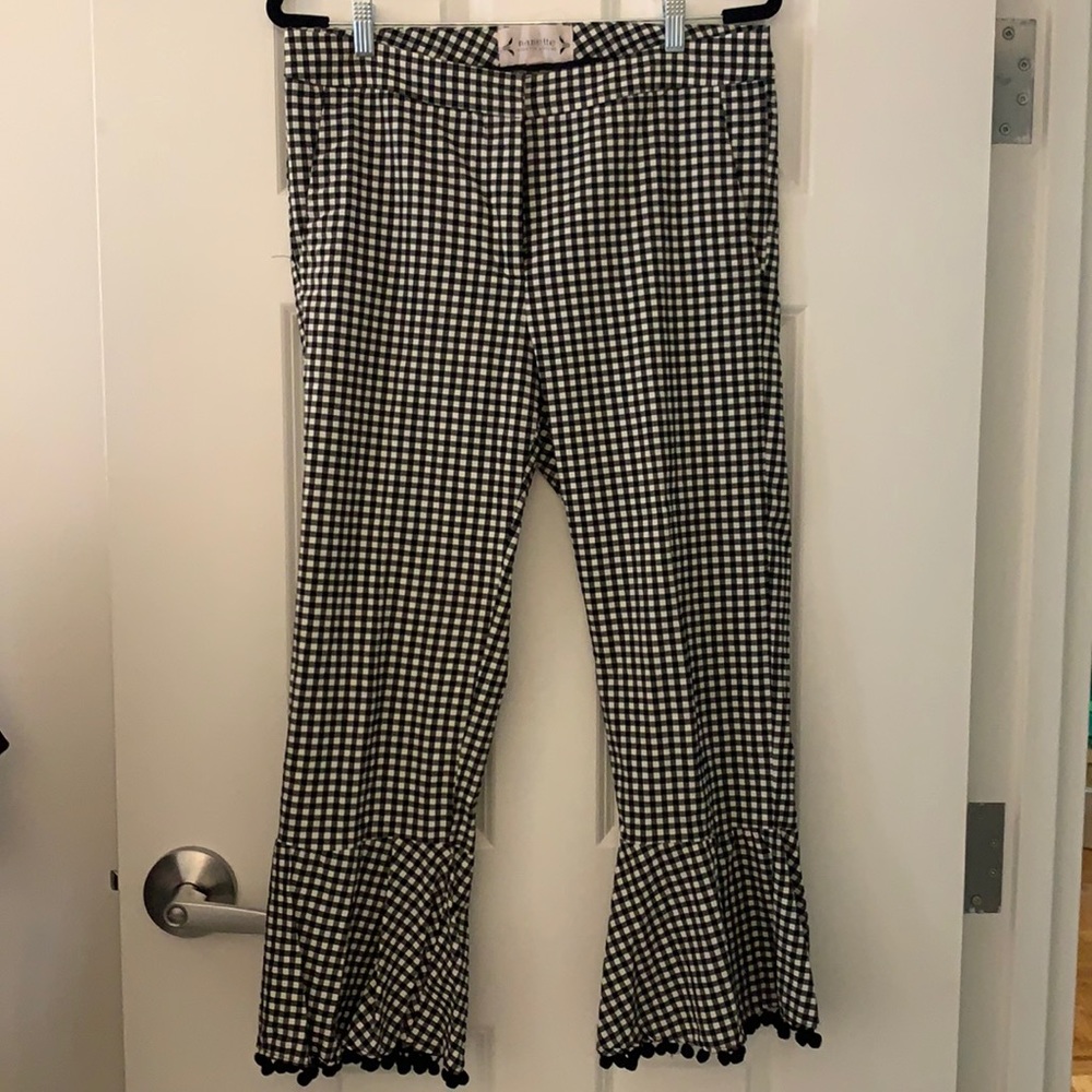 Nanette Lepore black and white gingham pants with pom fringe